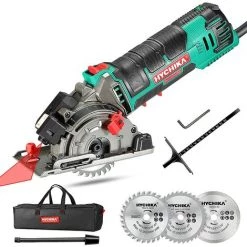 Mini Kreissäge, HYCHIKA Handkreissäge Mit 3 Sägeblättern, Laserführung, Skalenlineal, 500W Motor Aus Reinem Kupfer, 4500RPM, Ideal Für Holz-, Weichmetall-, Fliesen- Und Kunststoffschnitte