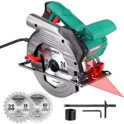 Kreissäge, HYCHIKA Handkreissäge 1500W 4700RPM, Max. Schnitttiefe: 90°: 65mm/45°: 45mm Mit 2 Sägeblättern 190mm(24T/40T), Kupfermotor, Sicherheitsschalter Für Holz DIY
