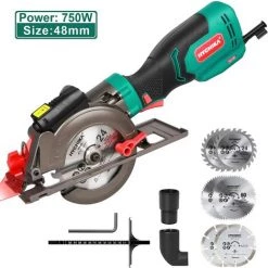 Handkreissäge, HYCHIKA 750W Kreissäge 3500U Mit 6 Sägeblättern (115 & 125mm), Laserführung & Führungsschiene, Max Schnitttiefe 48mm(90°)/32mm(45°), Mini Kreissäge Für Holz, Weichmetall