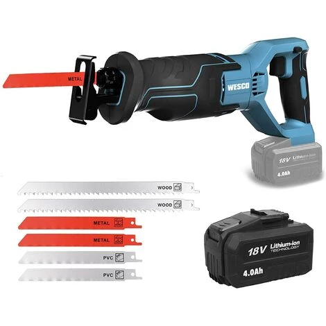 Säbelsäge, WESCO 18V 4.0Ah Akku Reciprosäge, Variable Drehzahl Von 0 Bis 3000 SPM, Strichlänge 20mm, 6 Sägeblätter, Schneidleistung 100mm (Holz), 10mm (Strahl), Inkl. Akku Und Ladegerät - WS2947.1 3 Säbelsäge, WESCO 18V 4.0Ah Akku Reciprosäge, Variable Drehzahl Von 0 Bis 3000 SPM, Strichlänge 20mm, 6 Sägeblätter, Schneidleistung 100mm (Holz), 10mm (Strahl), Inkl. Akku Und Ladegerät - WS2947.1