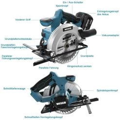 WESCOTOOLS Akku Kreissäge, WESCO 18V 4.0Ah Akku Handkreissäge Mit 2 Stück 165 X 20 Mm Sägeblatt, 0 °bis 45 °Schrägschnitte,4000 U/min, Schneiden 90 °(53 Mm), 45 °(36 Mm)/WS2316.1 -Elektrosägen Verkäufe 2022 39582435 5