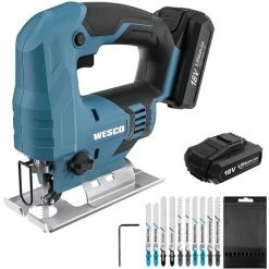 Akku Stichsäge, WESCO 18V 2.0Ah Stichsäge, 0-2400SPM, 4-Stufen-Pendelung, Schrägschnitt ± 45 °, 19 Mm Sägeblatthub, Maximalschnitt(Holz 65 Mm, Stahl 5 Mm), 10 Blättern, Werkzeugloser Sägeblattwechsel/WS2337