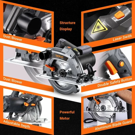 TACKLIFE Kreissäge 1500 W, Elektrische Kreissäge 5000 U/min, Holzkreissäge Mit Laser, 2 Sägeblätter 190mm / 24T Und 185mm / 40T, Aluminiumschutz - PES03A 4 TACKLIFE Kreissäge 1500 W, Elektrische Kreissäge 5000 U/min, Holzkreissäge Mit Laser, 2 Sägeblätter 190mm / 24T Und 185mm / 40T, Aluminiumschutz - PES03A – Bild 2