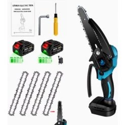 Elektrische Mini-kettensägen | Akku-Kettensägen ONEVAN 1200W Elektro-Kettensäge 6 Zoll Für Makita 18V Akku - Einstellbare Geschwindigkeit Zum Schneiden Von Holz - Blue Mit 2*Akku 4*ketten