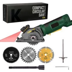 HAPPYSHOPPING Mini-Kreissäge 4,8 Ampere Kompakte Kreissäge 3700 U/min Mit Laserführung Maßstab Lineal Vakuumanschluss 3 Klingen