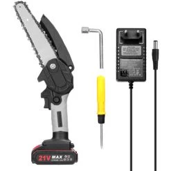 SUPERSELLER 21V Mini 6 Zoll Elektrische Kettensäge Home Handheld Lithium Kettensäge Kleine Holzbearbeitung Garten Holzfällerei Elektrische Kettensäge Bürste Motor Schwarz Grau Modell Eine Macht Eine Ladung, Europäischen Standard 220V (Ladegerät Stil Zufällige Lieferung)