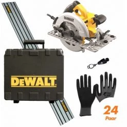 DeWALT Handkreissäge DWE576KR Inkl. Führungsschiene (1500 Mm), Handschuhclip, 24x Arbeitshandschuhe, 24 Zahn HM-Sägeblatt Etc.